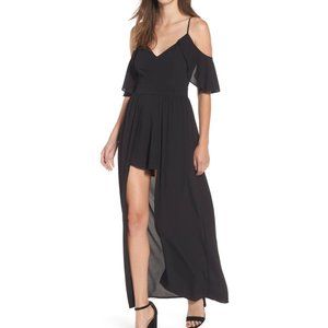 Socialite Black Cold Shoulder Flutter Sleeve Maxi Romper